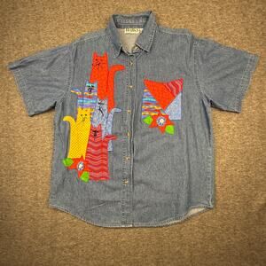Haik's Vintage Denim Quilted Cat Applique Button Down Shirt Women's Large Cotton